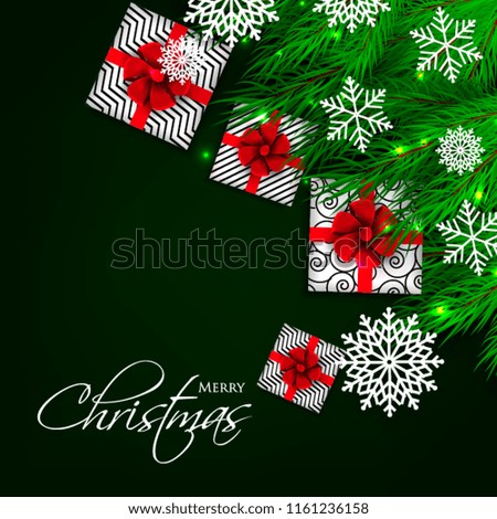 Merry Christmas Party invitation vector with fir pine wreath snowflake gift box red bow