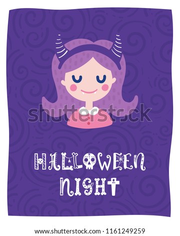 Colorful Halloween vector card. Hand drawn lettering with girl. Design for invitation, banner, poster for a party. Creative background in funny style.