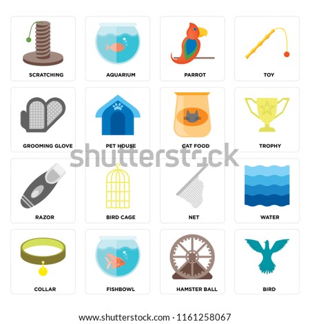 Set Of 16 icons such as Bird, Hamster ball, Fishbowl, Collar, Water, Scratching, Grooming glove, Razor, Cat food, web UI editable icon pack, pixel perfect