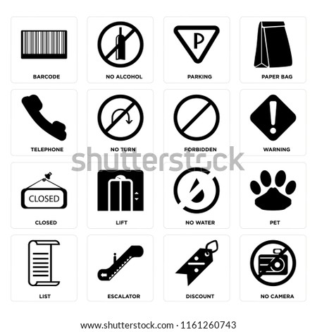 Set Of 16 icons such as No camera, Discount, Escalator, List, Pet, Barcode, Telephone, Closed, Forbidden, web UI editable icon pack, pixel perfect