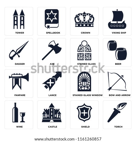 Set Of 16 icons such as Torch, Shield, Castle, Wine, Bow and arrow, Tower, Dagger, Fanfare, Stained glass, web UI editable icon pack, pixel perfect