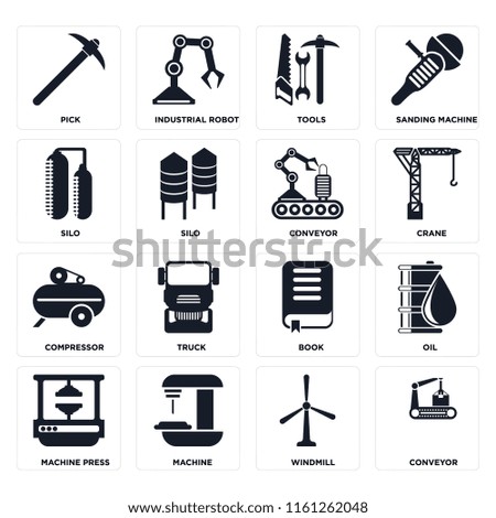 Set Of 16 icons such as Conveyor, Windmill, Machine, Machine press, Oil, Pick, Silo, Compressor, web UI editable icon pack, pixel perfect