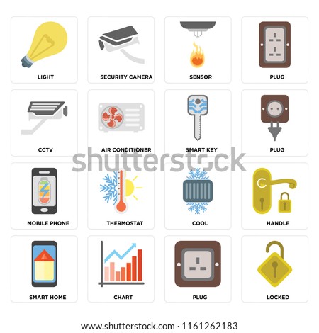 Set Of 16 icons such as Locked, Plug, Chart, Smart home, Handle, Light, Cctv, Mobile phone, key, web UI editable icon pack, pixel perfect