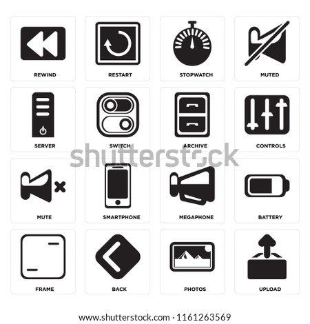 Set Of 16 icons such as Upload, Photos, Back, Frame, Battery, Rewind, Server, Mute, Archive, web UI editable icon pack, pixel perfect