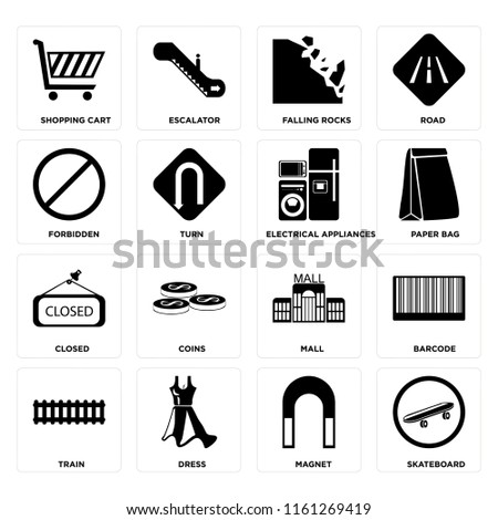 Set Of 16 icons such as Skateboard, Magnet, Dress, Train, Barcode, Shopping cart, Forbidden, Closed, Electrical appliances, web UI editable icon pack, pixel perfect