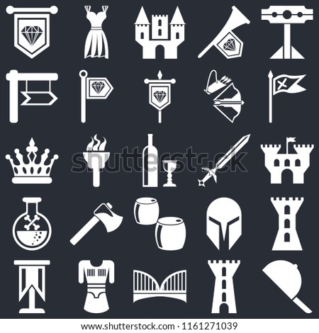 Set Of 25 icons such as Hat, Tower, Bridge, Tunic, Standard, Flag, Sword, Beer, Poison, , Castle, Gown on black background, web UI editable icon pack