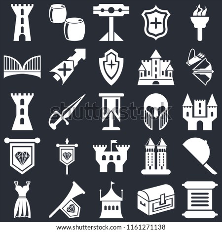 Set Of 25 icons such as Scroll, Chest, Tent, Fanfare, Gown, Crossbow, Armour, Castle, Standard, Bridge, Pillory, Beer on black background, web UI editable icon pack