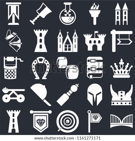 Set Of 25 icons such as Bridge, Standard, Archery, Tower, , Book, Bladder pipe, Trebuchet, Crossbow, Poison, Cup on black background, web UI editable icon pack