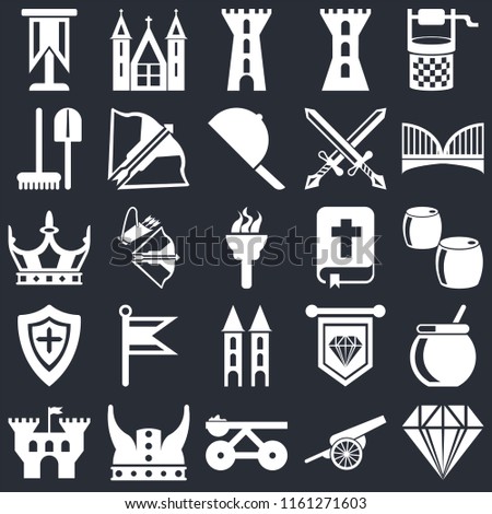 Set Of 25 icons such as Jewelry, Cannon, Trebuchet, Viking, Castle, Bridge, Bible, Tower, Shield, Tools, Church on black background, web UI editable icon pack
