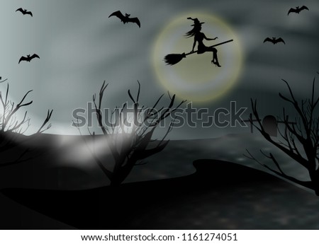 Halloween background with flying young witch and full moon. Fantasy night panoramic view. Vector illustration.