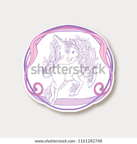 Sticker with cute, kawaii unicorn with vintage frame and flowers In art nouveau style, vintage, old, retro style. Vector illustration without gradients and transparency.  Line art.