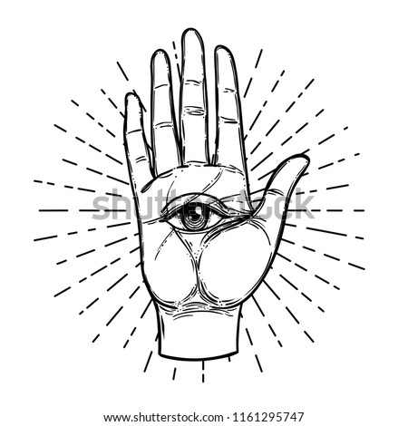 Vintage Hands with all seeing eye. Hand drawn sketchy illustration with mystic and occult hand drawn symbols. Palmistry concept. Vector illustration. Spirituality, astrology and esoteric concept. Royalty-Free Stock Photo #1161295747