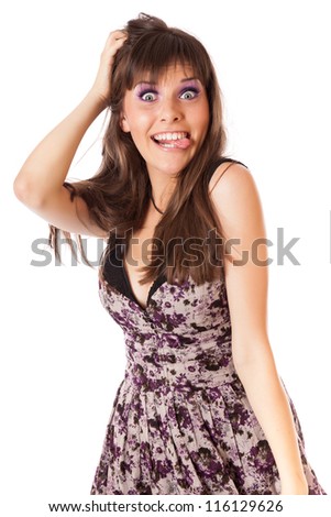 Emotional woman in a studio. Isolated on a white background