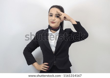 Beautiful stewardess. Studio shot with fly attendant woman.