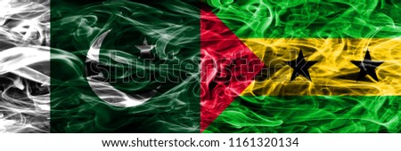 Pakistan vs Sao Tome and Principe smoke flags placed side by side. Thick colored silky smoke flags of Pakistan and Sao Tome and Principe