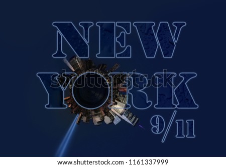 Text “New York” with dark water drops as background and swirled Manhattan skyline instead of letter O. New York. USA.