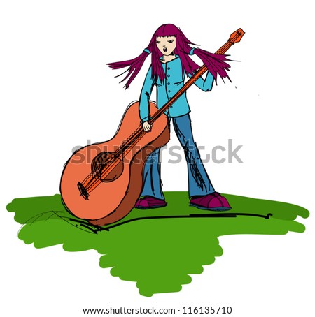 Hippie girl playing on a big guitar and sings
