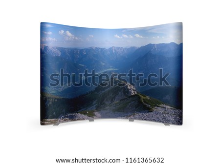 Vector curved fabric tension pop up trade show stand with printed photo of beautiful mountains isolated on white background