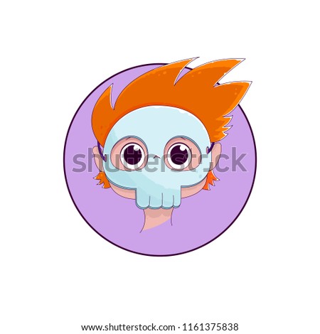 Cartoon Halloween face in a round hole. Cute kid character in popular halloween costume.  Hand drawn style vector. Colorful Doodle design illustration: ultraviolet, orange, light blie