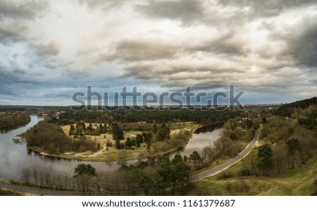 Aerial panoramic view of river Neris, near Vilnius city