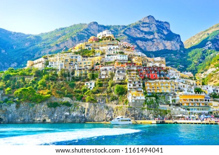 View of Positano village along Amalfi Coast in Italy in summer. Royalty-Free Stock Photo #1161494041