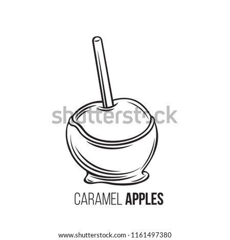 Vector hand drawn apples in caramel or toffee. Halloween sweets for street food cafe. Retro style.