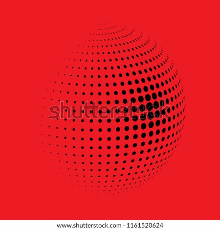 Abstract globe dotted sphere, 3d halftone dot effect. Black dots in red background. Vector illustration. It can use as logo, icon, banner, business card. Modern minimal covers design.