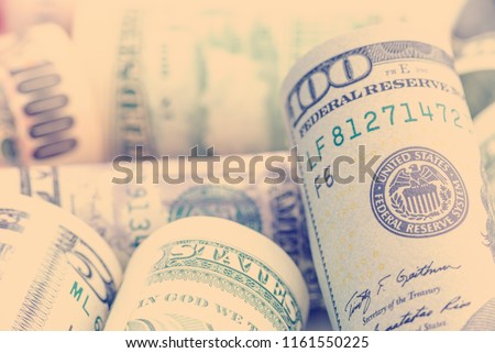 Closeup image : Seal of the Federal Reserve System, currency concept. FED or the Federal Reserve System is central banking system of United States of America, control and alleviate financial crises