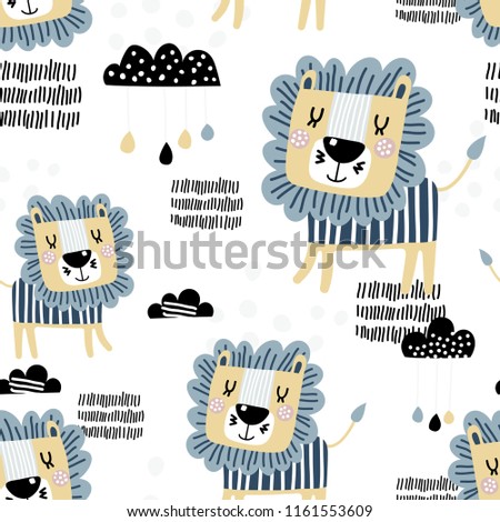 Seamless pattern with cute lion. Great for fabric, textile. Vector illustration. Creative childdish texture.
