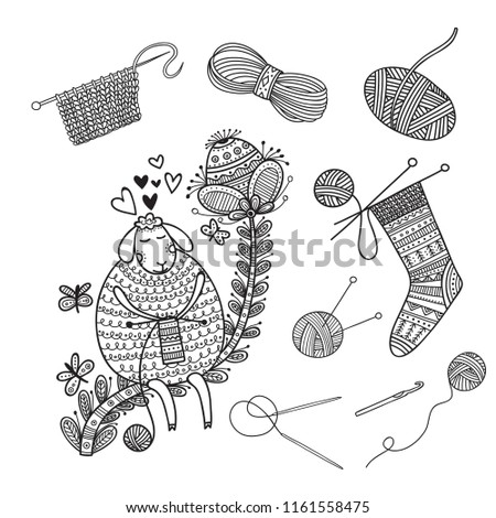 Vector set of knitting tools, yarn and cute sheep. Can be used as a sticker, icon, logo, design template, coloring page