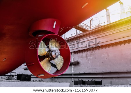 propeller of ship under Repair, maintenance, annual survey at floating dock in shipyard Thailand Royalty-Free Stock Photo #1161593077