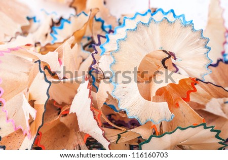 Pencil shaving isolated on white background, Closeup