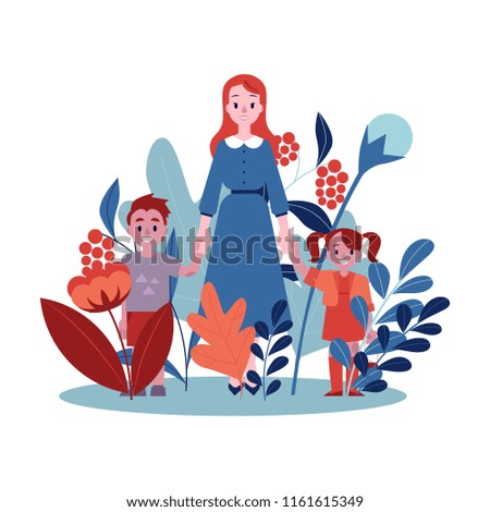 Vector illustration of young mother holding her children hands isolated on white background with floral decorations - smiling caucasian woman and her little kids boy and girl in flat style.
