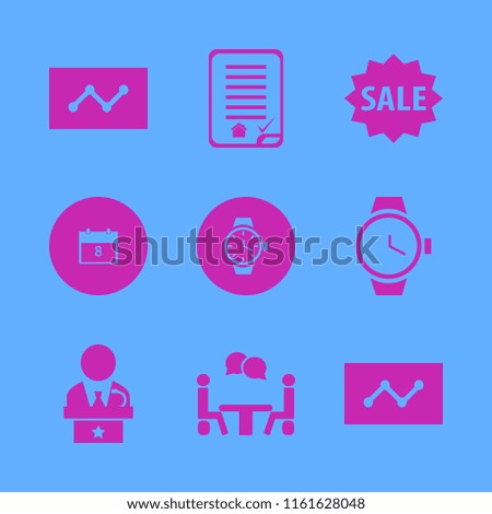 meeting vector icons set. with talking people, public speaker, house buying contract and sale in set