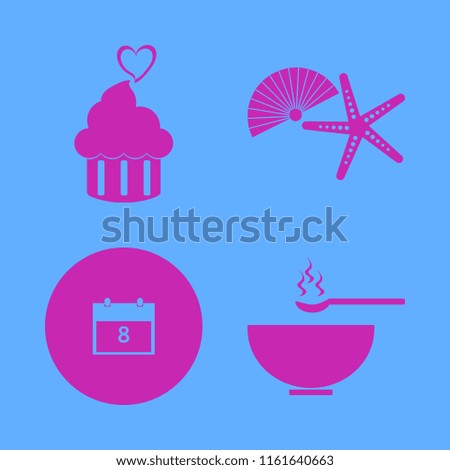copy vector icons set. with soup, march calendar, shell starfish and cupcake heart in set
