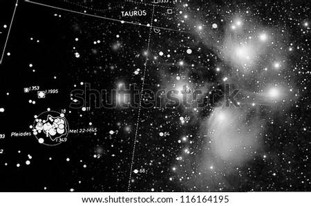 a map of pleiades star cluster combined with a real picture taken with telescope