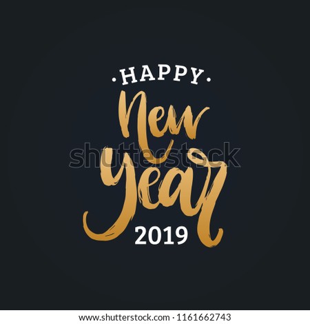 Happy New Year, hand lettering. Vector illustration. Decorative design on black background for greeting card, poster concept.