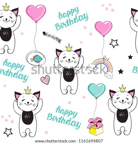 Beautiful cat and Balloons Happy Birthday seamless pattern on a white background