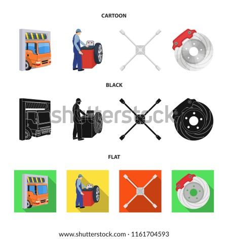 Wheel balancing, spanner and brake disc cartoon,black,flat icons in set collection for design.Car maintenance station vector symbol stock illustration web.