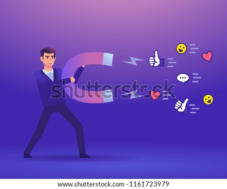 Cheerful businessman holds big magnet. Magnetize, attract social media icons. Colorful design vector illustration