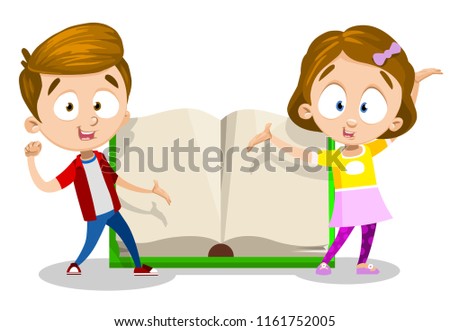 Smiling little girl and boy show big open book. Cute school children characters standing near textbook. Back to school concept with happy children. Preschool pupils personages vector illustration