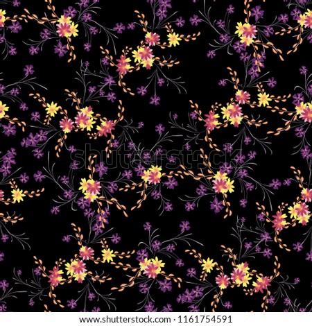Small Flowers. Seamless Pattern with Cute Daisy Flowers and Pansies. Feminine Texture in Rustic Style for Fabric, Calico, Paper. Vector Spring Rapport.