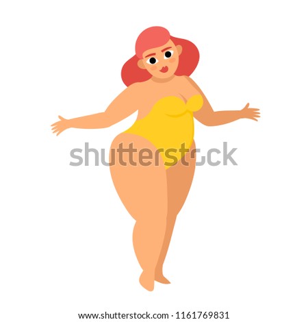 Vector illustration of bodypositive beautiful woman dressed in swimsuit in cartoon style isolated on white. Body positive movement and beauty diversity.