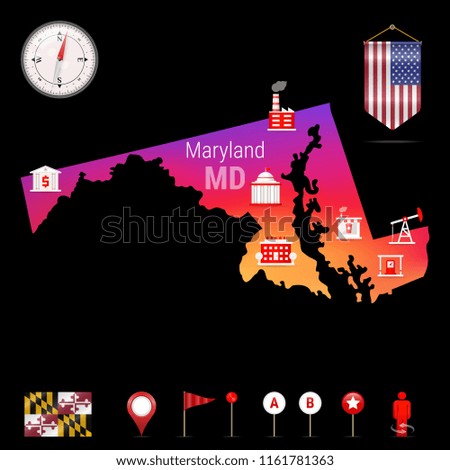 Maryland Vector Map, Night View. Compass Icon, Map Navigation Elements. Pennant Flag of the United States. Vector Flag of Maryland. Various Industries, Economic Geography Icons.