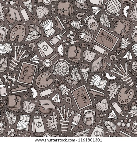 Cartoon hand-drawn Back to School seamless pattern. Lots of symbols, objects and elements. Perfect funny vector background.