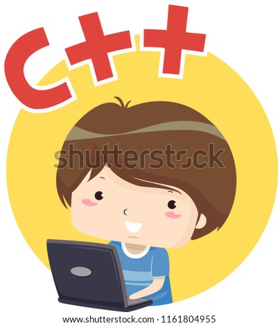Illustration of a Kid Boy Using Laptop with C Plus Plus. Programming Icon