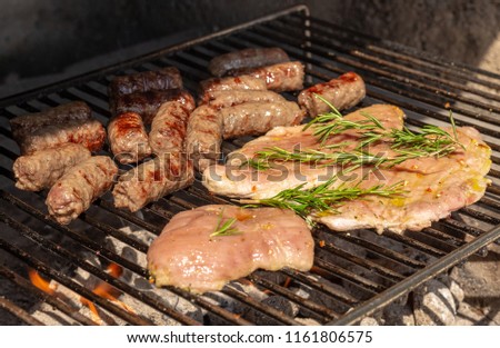 Cevapcici And Roast Beef Skewer On Barbecue Grill With Coal. Summertime