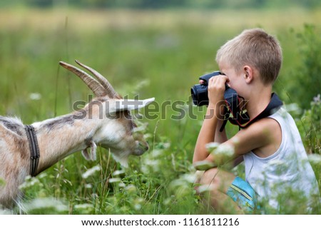 Profile portrait of young blond cute handsome child boy taking picture of funny curious goat looking straight in camera on bright sunny summer day on blurred light green grassy copyspace background.