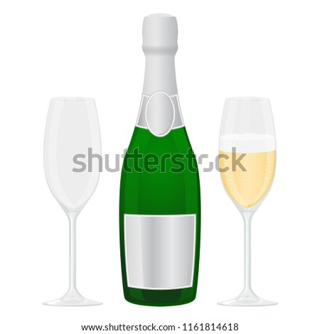 Glasses and bottle of champagne. Vector illustration isolated on white background
