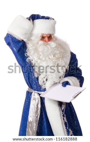 santa claus is creating wish list, isolated on white